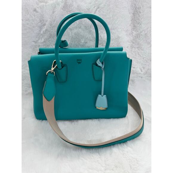 MCM Essential Boston Satchel – Ocean Blue Pebbled Leather with Strap & Dust Bag - Picture 1 of 9